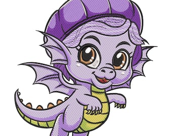 ベビードラゴンの刺繍デザイン、紫色のファンタジークリーチャーの機械刺繍デジタルファイル、即時ダウンロード