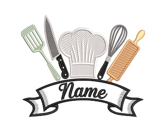 Personalized Chef Name Banner Embroidery Design, Kitchen Tools Machine Embroidery File, Instant Download