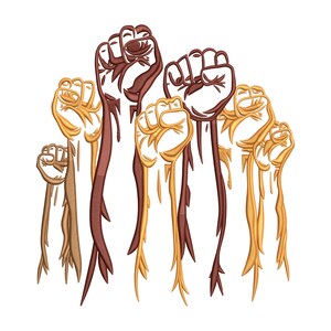 May include: An embroidered design featuring multiple fists raised in solidarity. The fists are in shades of brown and gold, with stylized lines and details. The design is set against a white background, emphasizing the bold shapes and colors.