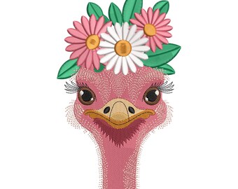 Ostrich with Flower Crown Embroidery Design, Floral Bird Machine Embroidery File, Instant Download
