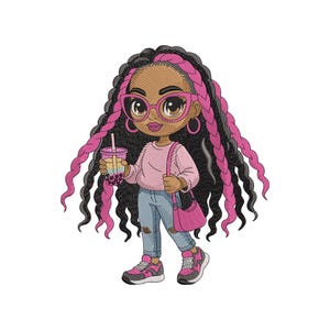 May include: A cartoon illustration of a girl with black and pink braids, wearing pink glasses, a pink sweater, blue jeans, and pink sneakers. She carries a pink purse and a bubble tea drink. The image has a white background.