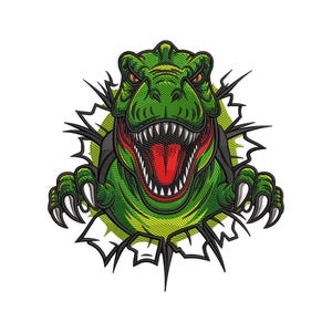 May include: A green Tyrannosaurus Rex illustration bursting through a torn background. The dinosaur has sharp teeth, a red mouth, and yellow eyes. The design features a detailed, textured style, with black outlines and a white background.