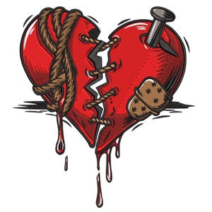 May include: A red, broken heart illustration with a nail, rope, and bandage. The heart is split with a jagged line and stitched together with brown thread. Red drips flow from the bottom of the heart.