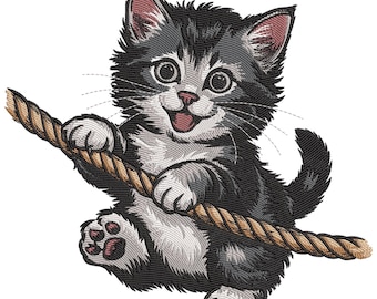 Diseño de bordado de gatito colgado de una cuerda, bordado a máquina de gatito juguetón, archivo de bordado a máquina de animales, bordado de gatito duquesa lindo