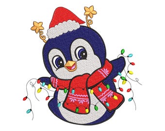Christmas Penguin with Lights Embroidery Design, Winter Holiday Machine Embroidery File