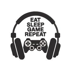 May include: Black graphic design featuring a gaming controller and headphones. The text "EAT SLEEP GAME REPEAT" is centered between the headphones. The design is suitable for apparel and accessories.