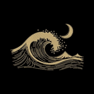 May include: Gold embroidered design on a black background. The design features a large wave, a crescent moon, and a mountain range. The wave is breaking, with small droplets of water. The moon and mountains are also detailed with gold thread.