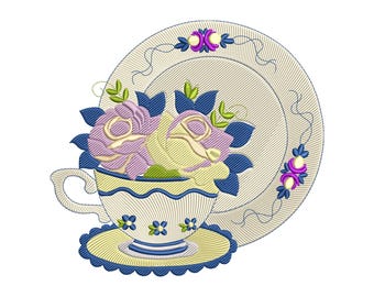 Floral Teacup and Plate Embroidery Design, Flowers Machine Embroidery Pattern File, Instant Download