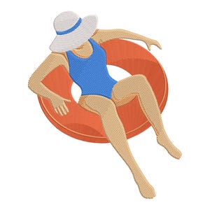 Könnte beinhalten: Ein gesticktes Motiv einer Figur in einem blauen Badeanzug und einem weißen Sonnenhut mit blauem Band, die in einem großen, runden, orangefarbenen aufblasbaren Schwimmring liegt. Die Figur hat gebräunte Haut und eine entspannte Körperhaltung.