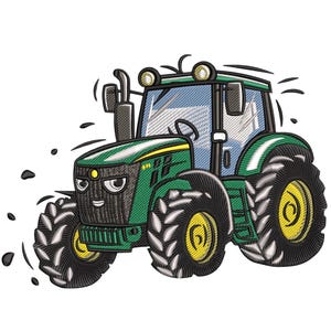 Peut inclure: Illustration brodée d'un tracteur vert avec des pneus noirs et des jantes jaunes. Le tracteur a un visage souriant et soulève de la terre. Le tracteur a une calandre noire et un pare-brise teinté bleu.
