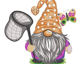 Butterfly Gnome Embroidery Design: Spring Garden Machine Embroidery File, Instant Download