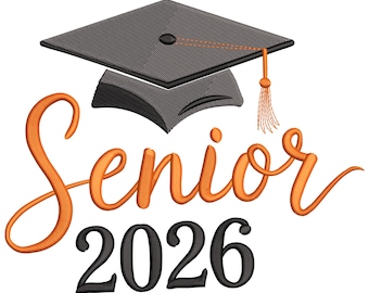 May include: A graduation-themed design featuring a gray mortarboard cap with an orange tassel. The word "Senior" is written in orange script, with the year "2026" in black block letters, all against a white background.