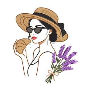 May include: An embroidery design featuring a line art illustration of a person wearing a tan straw hat with a black ribbon and black sunglasses. The person holds a golden-brown croissant, and a bouquet of purple lavender tied with a tan bow.
