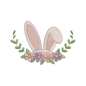 May include: Embroidered design featuring bunny ears with pink inner ears, surrounded by a floral wreath of pink and purple flowers and green leaves. This design is perfect for Easter-themed crafts and decorations.
