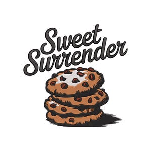 May include: A stack of three chocolate chip cookies with a white icing detail, beneath the words "Sweet Surrender" in a stylized script. The cookies are brown with dark chocolate chips, set against a white background.