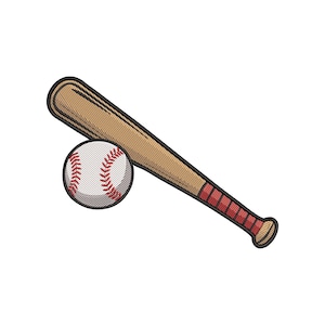 Pode incluir: Ilustração de uma bola de beisebol e um bastão. A bola é branca com costuras vermelhas, e o bastão é marrom claro com uma pega vermelha. A imagem é em estilo cartoon, perfeita para designs esportivos.