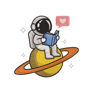 May include: A cartoon astronaut in a white spacesuit sits on a yellow planet with orange rings, reading a blue book. A pink speech bubble with a white heart floats nearby. The image has a cartoon style.