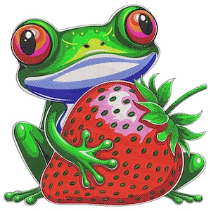 May include: A vibrant illustration of a green frog with large, colorful eyes, embracing a ripe red strawberry. The frog's skin is detailed with textured lines, and the strawberry has pink accents and green leaves.