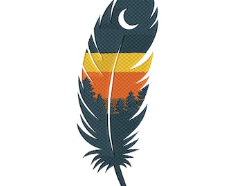 Tribal Feather Embroidery Design, Moon and Pine Trees Machine Embroidery File, Instant Download