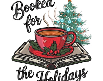 Coffee Mug On Book Embroidery Design, Christmas Tree, Light Machine Embroidery File, Instant Download