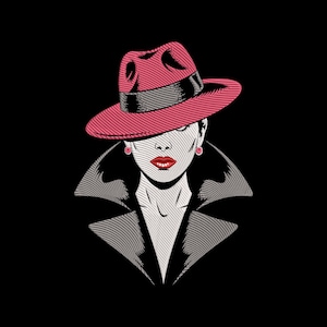 May include: Illustration of a woman in a fedora hat and a trench coat. The hat is pink with a black band, and the coat is black. The woman has red lipstick and earrings. The background is black.