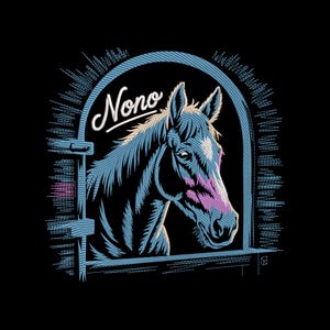 May include: A blue and pink illustration of a horse's head, framed by a window, against a black background. The word "Nono" is written above the horse in a cursive font. The horse's features are detailed with blue and pink lines.