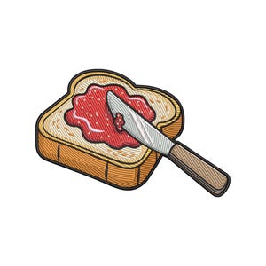 May include: Illustration of a slice of toast with red jam being spread with a silver knife. The toast is golden brown with a darker brown crust. The knife has a wooden handle.