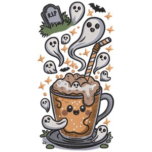 May include: A Halloween-themed illustration featuring a coffee cup with a smiling face, surrounded by cartoon ghosts, bats, and stars. A straw with orange and white stripes is in the coffee. A tombstone with "R.I.P" is in the background.