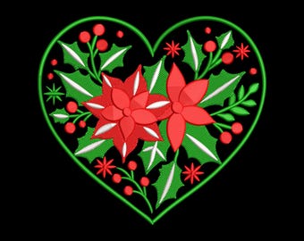Kerstster poinsettia hart borduurwerk ontwerpen, feestelijke bloemen vakantie borduurpatroonbestand, Instant Download
