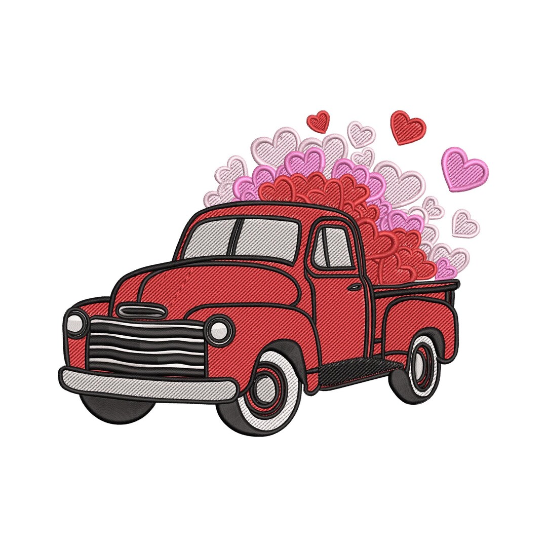 Retro Love Pickup Truck Valentine Embroidery Design, Romantic Heart ...