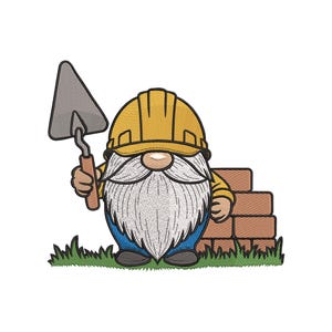 May include: A cartoon gnome wearing a yellow hard hat and blue overalls, holding a trowel. The gnome has a long white beard and is standing in front of a brick wall and green grass. The image is an embroidery design.