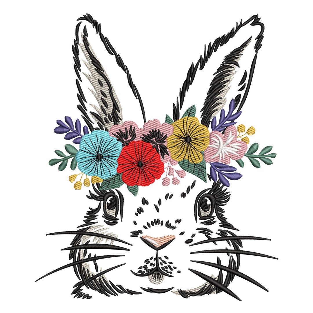 Floral Crown Bunny Face Embroidery Design, Spring Rabbit Flowers ...