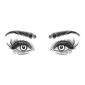 May include: A black and white illustration of two eyes with long eyelashes and thick eyebrows. The eyes are detailed with lines and shading, creating a dramatic and stylized look. The image is set against a plain white background.