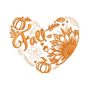 May include: An orange-colored fall-themed design in the shape of a heart. The word "Fall" is written in cursive script, surrounded by pumpkins, leaves, acorns, and a sunflower. The design is on a white background.