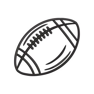 Op de afbeelding: Een zwart-wit illustratie van een American football. De voetbal is ovaal van vorm met zwarte stiksels en strepen, tegen een witte achtergrond. Het ontwerp is eenvoudig en grafisch.