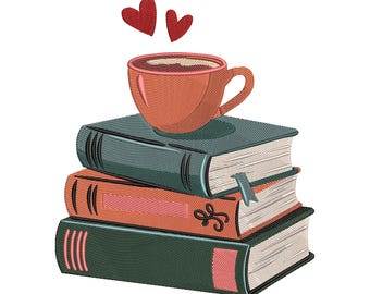 Book Lover Cup Embroidery Design, Reading & Coffee Machine Embroidery File, Instant Download
