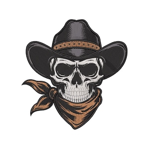May include: Embroidered design of a skull wearing a black cowboy hat with a brown band and a brown bandana. The skull is white with black shading, and the bandana is a light brown color. The design is on a white background.