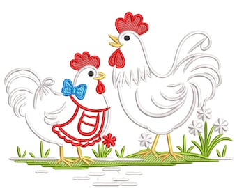 May include: An embroidered design featuring two white chickens with red combs and wattles. One chicken wears a blue bow tie and a red and white apron. The chickens stand on green grass with white flowers and red flowers.