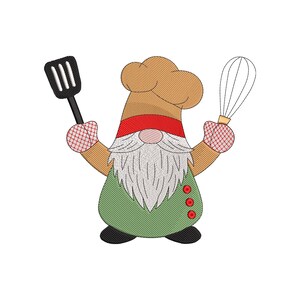 May include: A cartoon chef gnome with a tan chef's hat, red band, and green vest. The gnome has a long white beard and is holding a black spatula and a whisk. The gnome's mittens have a red and white checkered pattern. The gnome is wearing black shoes.