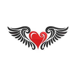May include: A red heart with black wings, a design element. The heart is in the center, with stylized wings extending outward on either side. The wings are black with curved details. The background is plain white.