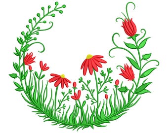 Red Wildflower Wreath Embroidery Design, Floral Border & Nature Machine Embroidery File, Instant Download