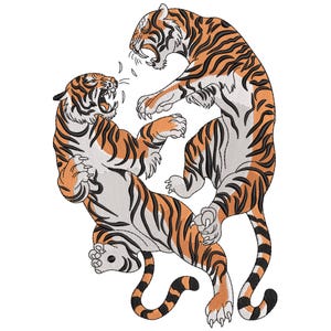 May include: An embroidered design featuring two tigers in a dynamic pose, with orange and black stripes on a white background. The tigers are depicted mid-roar, showcasing their teeth and claws, creating a sense of action and intensity.