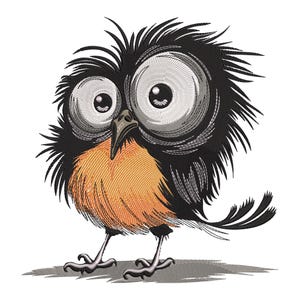 Könnte beinhalten: Gestickter Cartoon-Vogel mit großen, ausdrucksstarken Augen. Der Vogel hat schwarze Federn, eine gelb-orangefarbene Brust und detaillierte Beine. Das Design befindet sich auf weißem Hintergrund mit einem Schatten darunter.