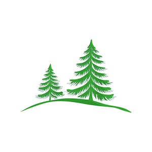 May include: A green embroidered design featuring two stylized evergreen trees on a curved green hill against a white background. The trees have detailed needle textures, creating a textured, natural look. The design is simple and elegant.