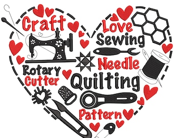 Sewing Heart Tools Embroidery Design: Quilting Lover Equipment Machine Embroidery Digital File (Instant Download)