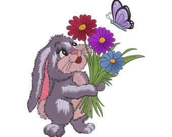 Bunny with Flowers and Butterfly Embroidery Design, Spring Rabbit Bouquet Machine Embroidery File