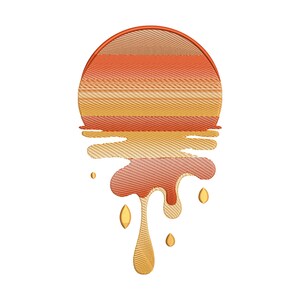 May include: Embroidered design of a sunset over water, with a gradient of orange, yellow, and brown. The sun is a half-circle, and the water is melting downwards with teardrop shapes. The design is on a white background.