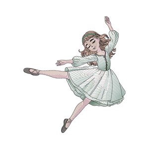 May include: An embroidered illustration of a ballerina in a graceful pose. She wears a light green dress, a matching headband, and ballet slippers. Her arms are outstretched, and her leg is extended in a leap. The artwork is detailed with delicate stitching.