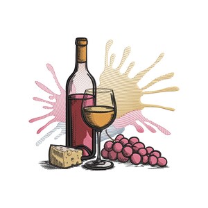 May include: An embroidered illustration of a wine bottle, a wine glass, a wedge of cheese, and a bunch of grapes. The wine bottle is filled with red wine, and the glass contains white wine. A pink and gold splash design is in the background.