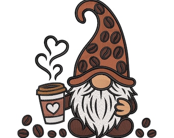 Coffee Gnome Embroidery Design, Barista Gnome Machine Embroidery File, Instant Download